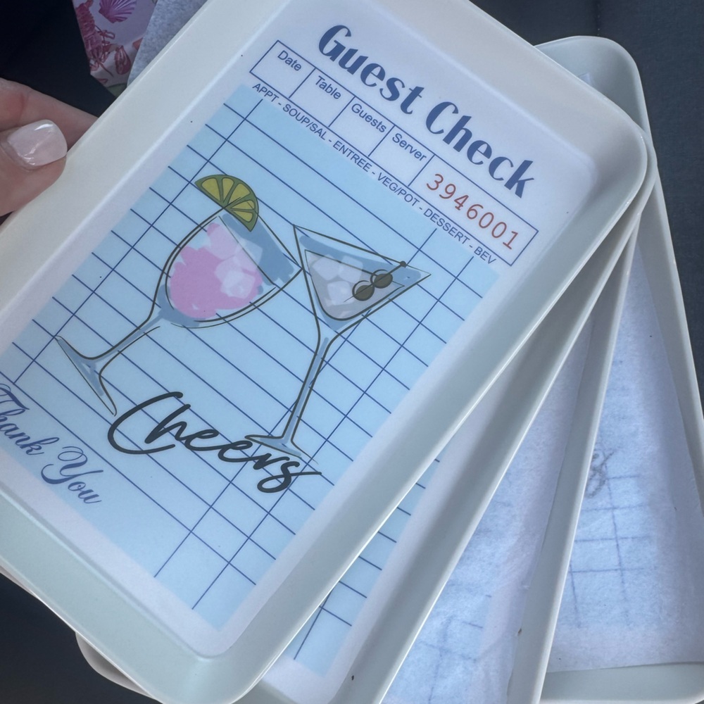 Set of 4 “Cheers” Guest Check mini trays/melamine appetizer plates- see photos🍸